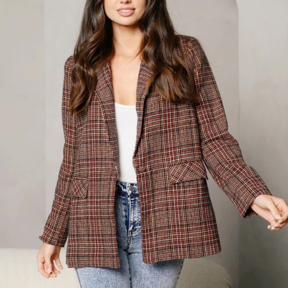 PEACH LOVE CALIFORNIA Vintage Chic Plaid Oversized Blazer - Picture 2 of 12